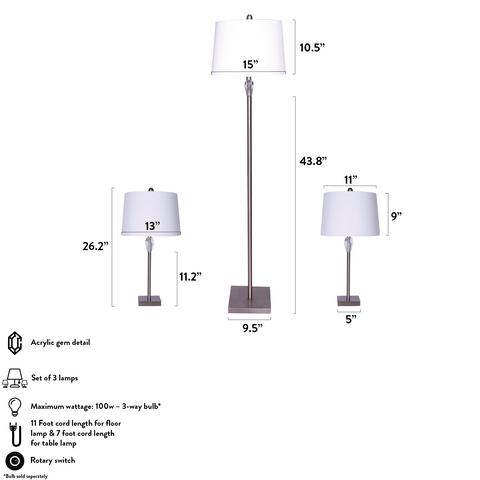 New Britain 3pc Lamp Set Nickel & Clear Acrylic